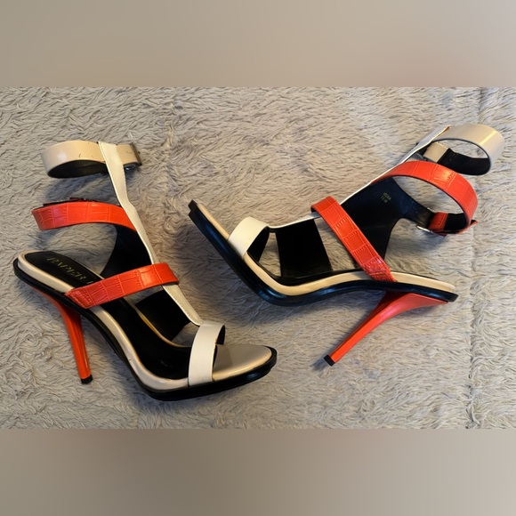 Paper Fox Stylish Orange Croco, White & Black Women's Open Toe Heels with Straps - Picture 2 of 15